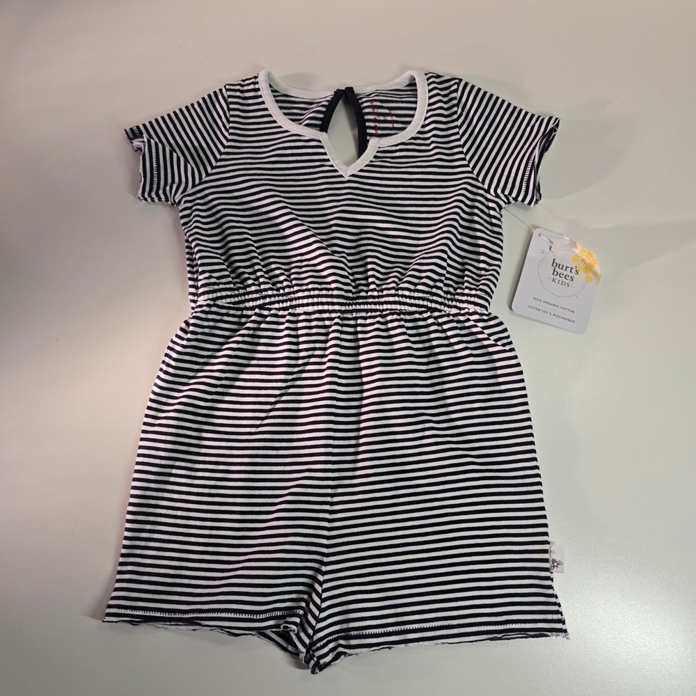Burt's Bees Baby Girls Striped Romper Jumpsuit‎ Black White Organic Cotton 3T